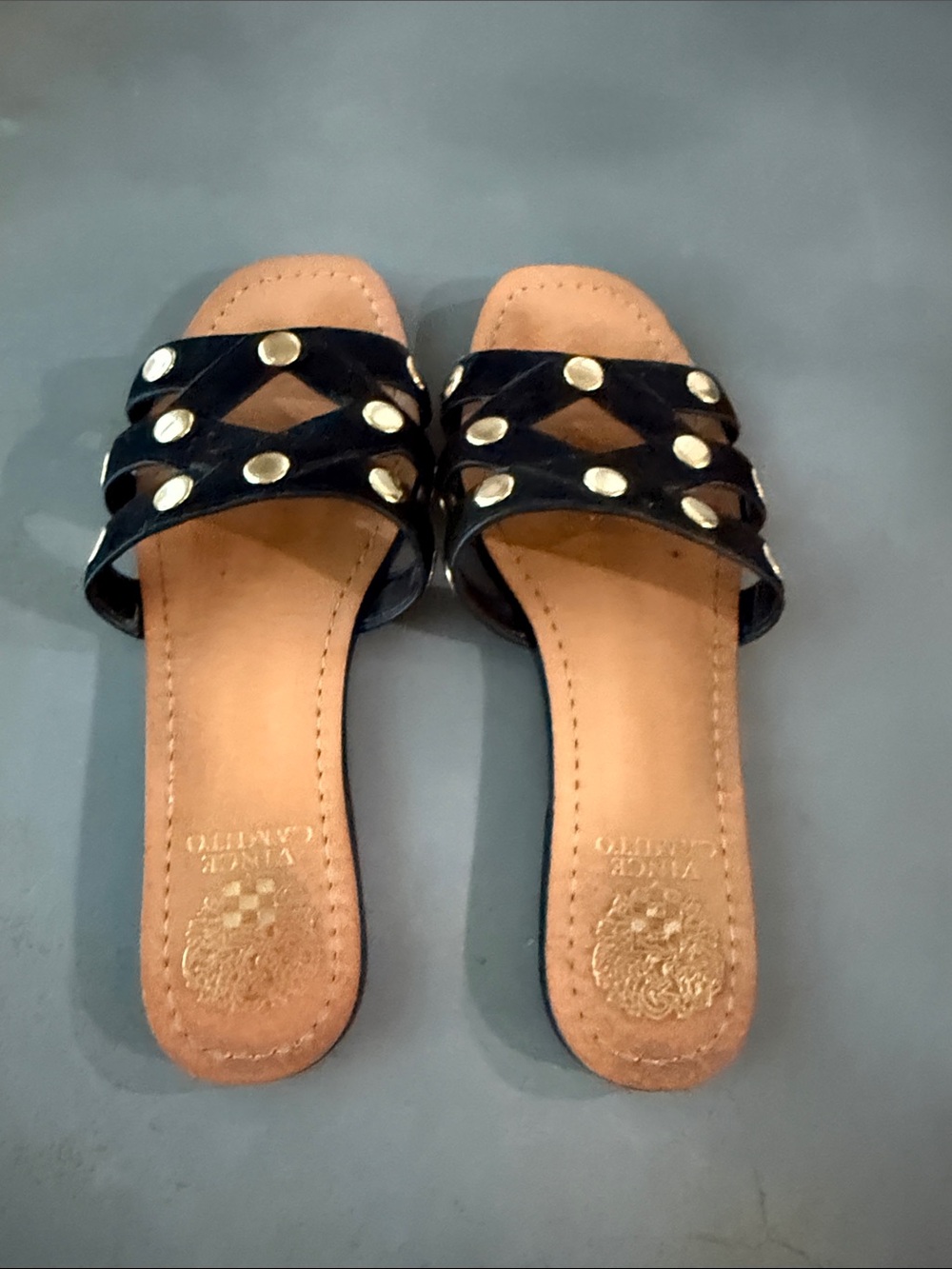 Vince Camuto Black Slide Sandals with Gold Studs